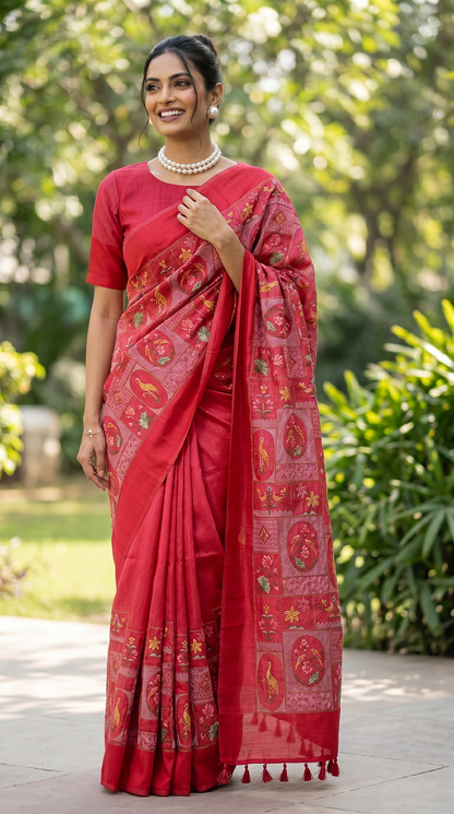 Threadwork Red Saree