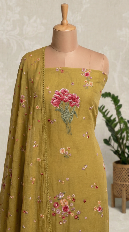 Mustard Yellow Resham Embroidery Mul Mul Unstitched Suit Set