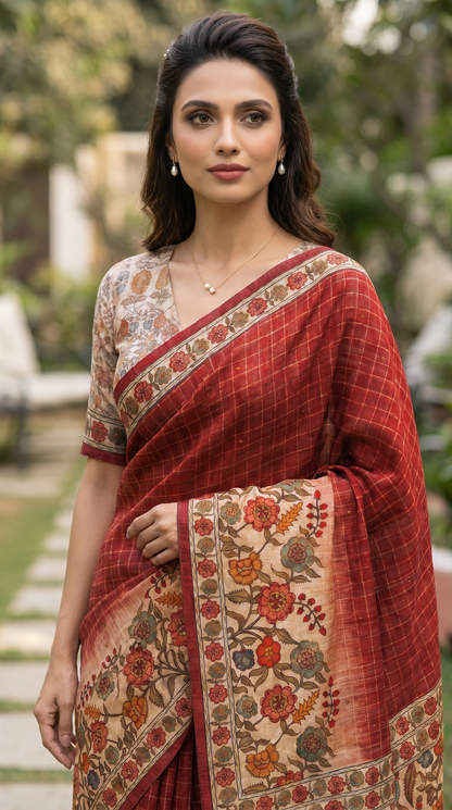 Red  Kalamkari Saree