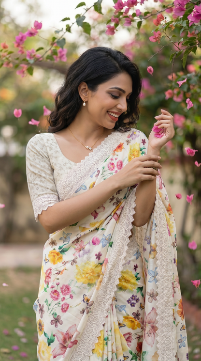 Ivory Georgette Saree