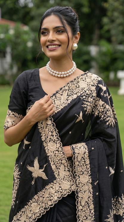 Black Coloured Thread Embroidery Saree