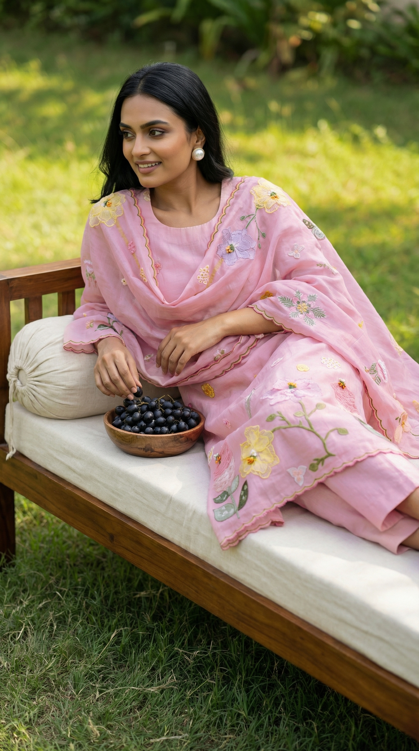 Powder Pink 3D Applique Mul mul Stitched Suit Set