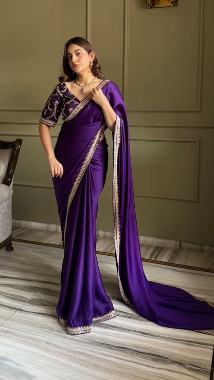 Deep Purple Satin Silk Saree With Blouse