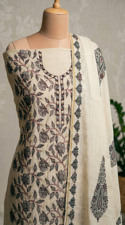 Resham Embroidery Beige & Black chanderi Unstitched Suit Set