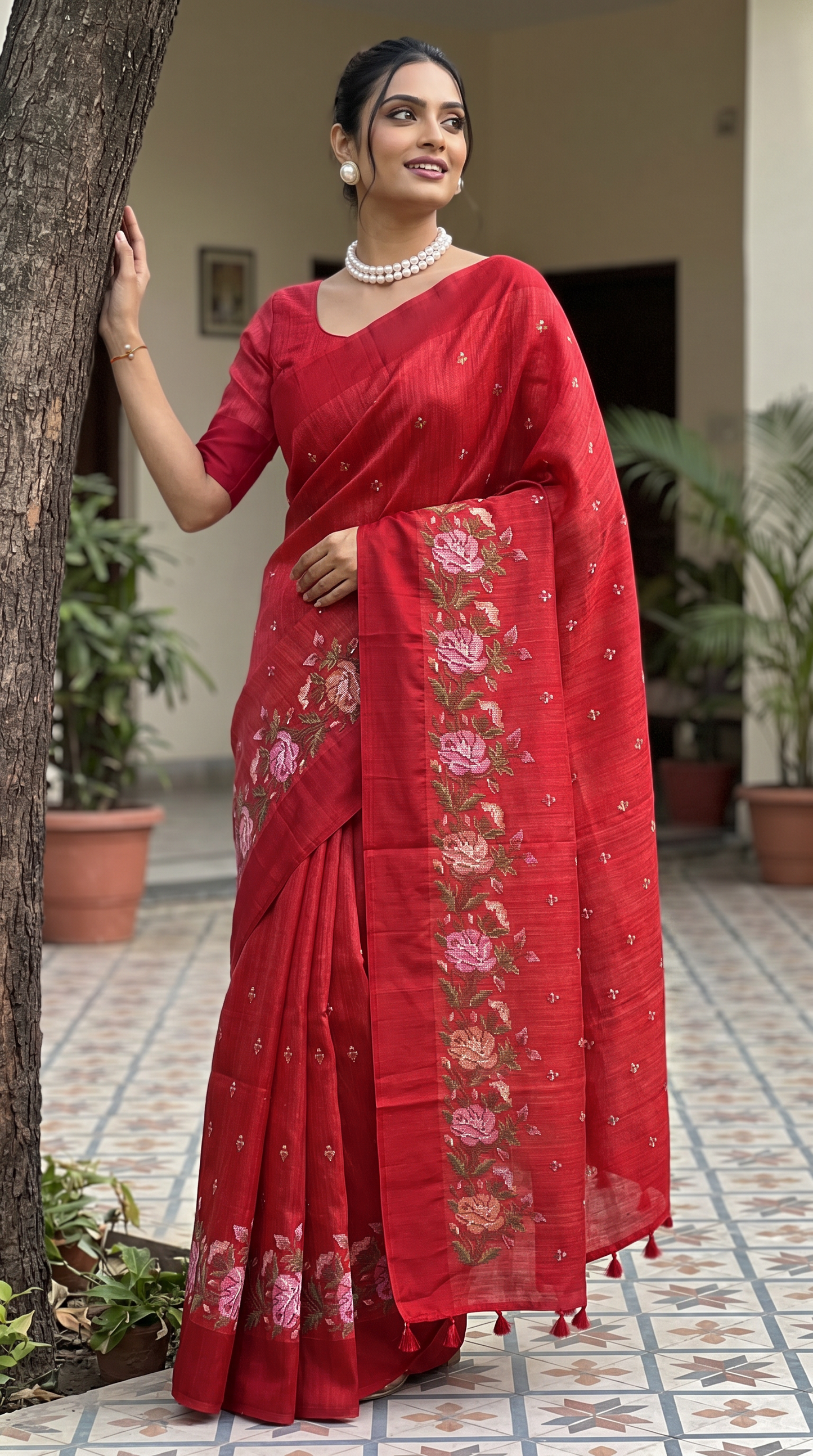 Red Tussar Silk Saree