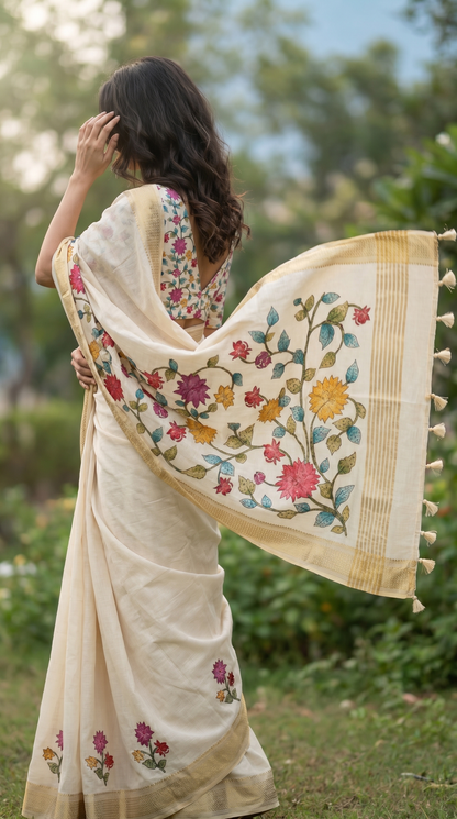 Ivory Tussar Silk Saree