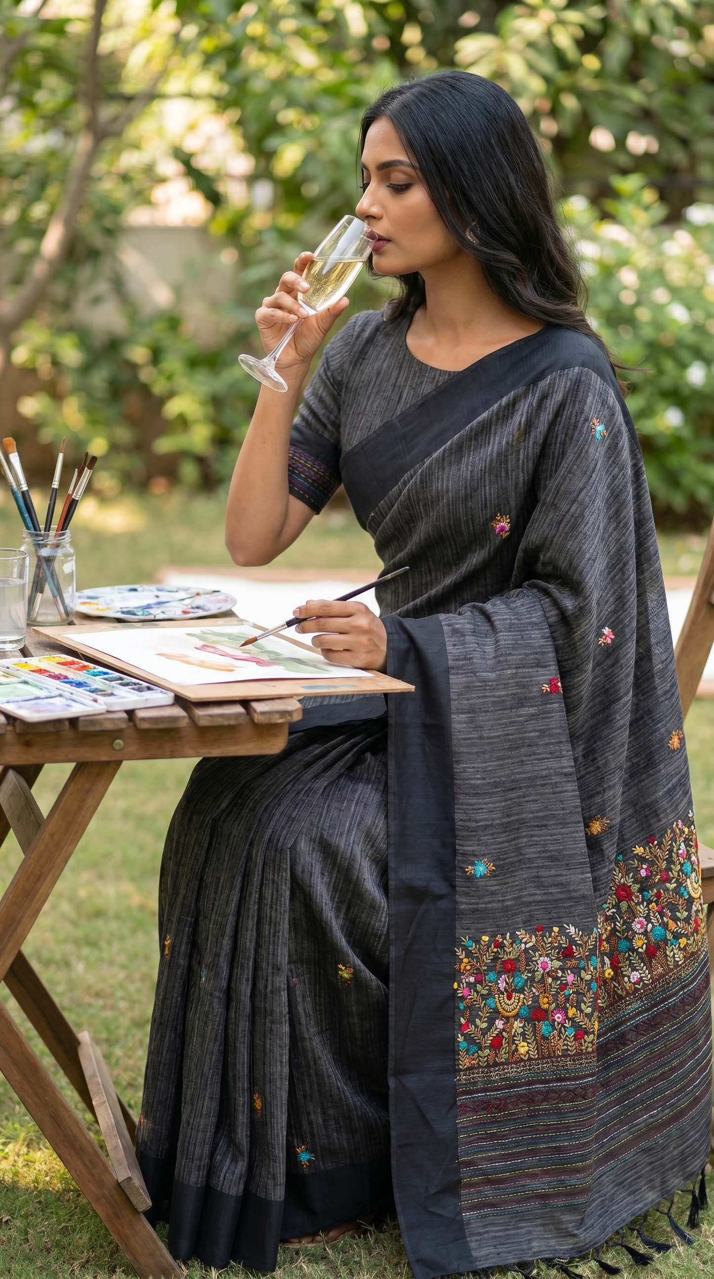 Charcoal Grey Linen Saree