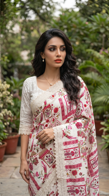 Cream Coloured Pink Floral Pinted Saree