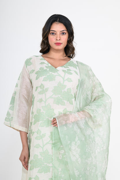 Green Printed Pure Mulmul Kurta Set with Appliques