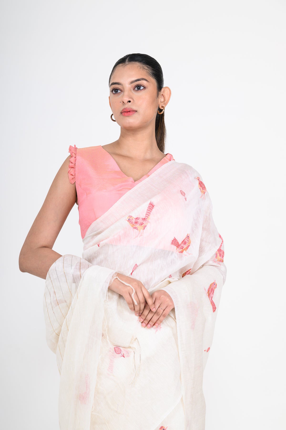 Parsi Embroidered White Pure Linen Saree