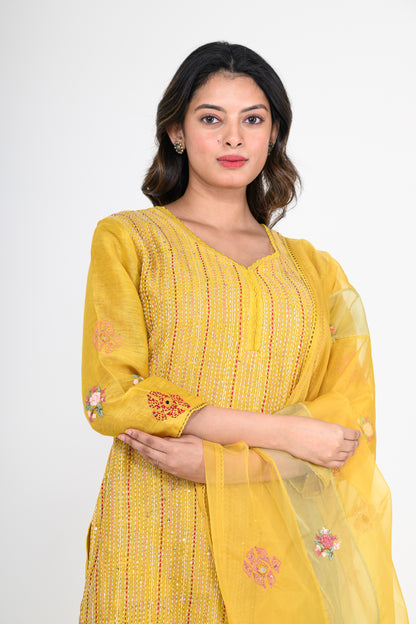 Pure Linen Mustard Yellow Kurta Set & Dupatta with Katha Work