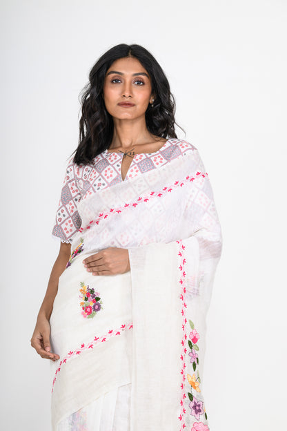 White Pure Linen Saree with Tikki & Thread Work