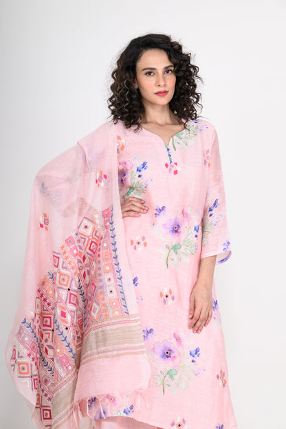Light Pink Pure Linen Kurta Set with Katha & Mirror Highlight