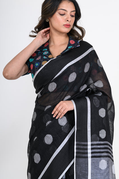 Black Pure Linen Polka Dot Handwoven Saree