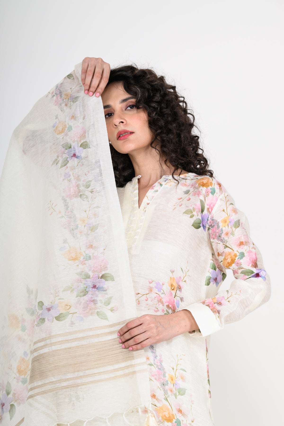 Pure Linen Off White Kurta Set with Dupatta