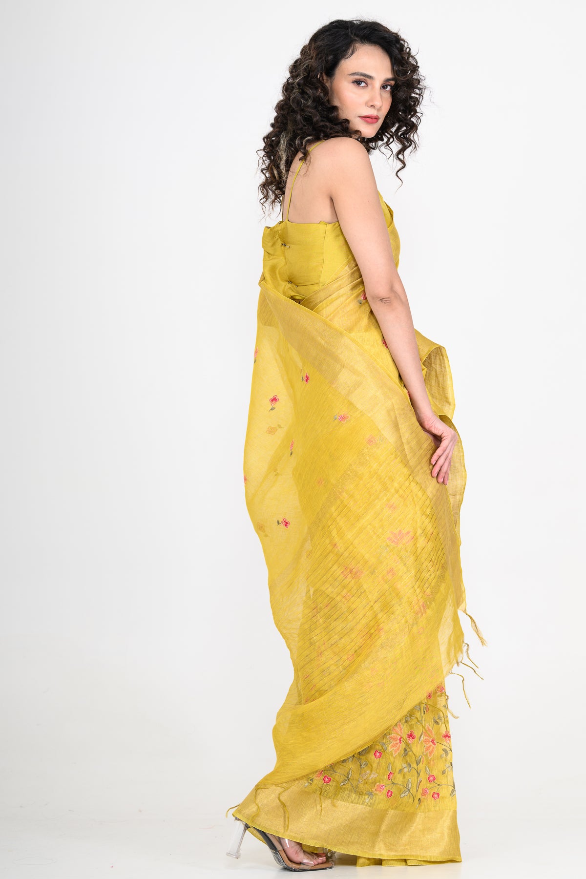 Sunshine Yellow Parsi Embroidered Pure Linen Saree