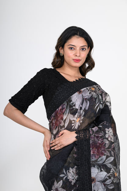 Floral Printed Pure Linen Black Saree with Lace Work