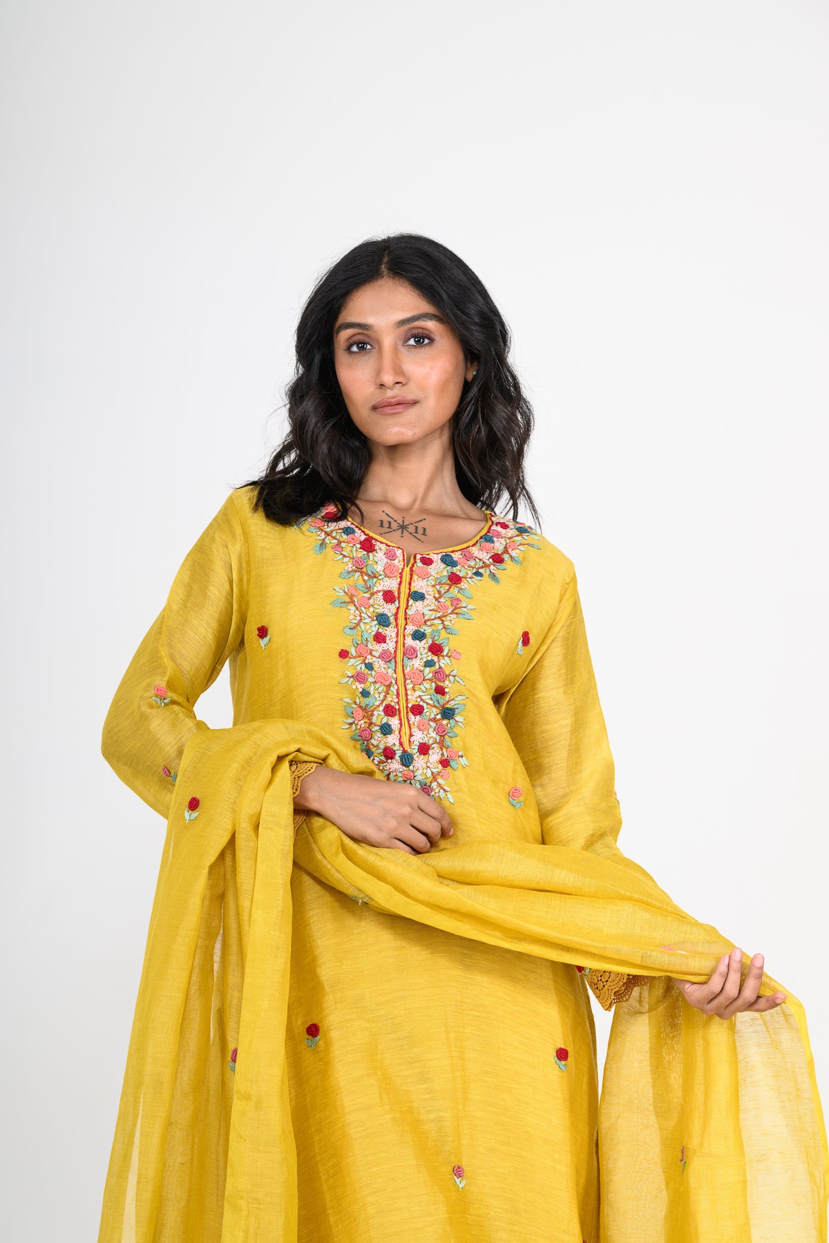 Pure Linen Mustard Yellow Kurta Set & Dupatta with Thread Work