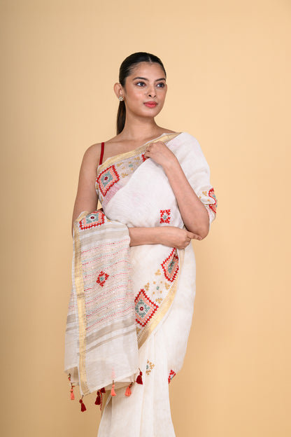 Pure Linen White Saree Highlighted with Tikki & Thread Work