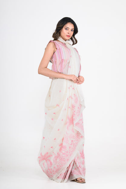 White-Pink Dual Tone Printed Pure Linen Saree