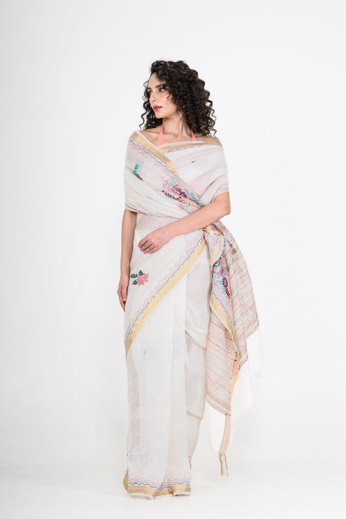 White Embroidered Pure Linen Saree with Tikki & Thread Work
