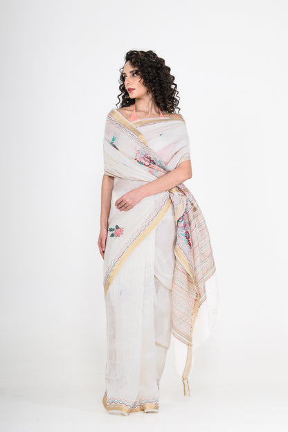 White Embroidered Pure Linen Saree with Tikki & Thread Work