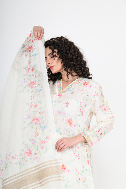 Floral Printed Pure Linen Off White Kurta Set with 3D Embroidery