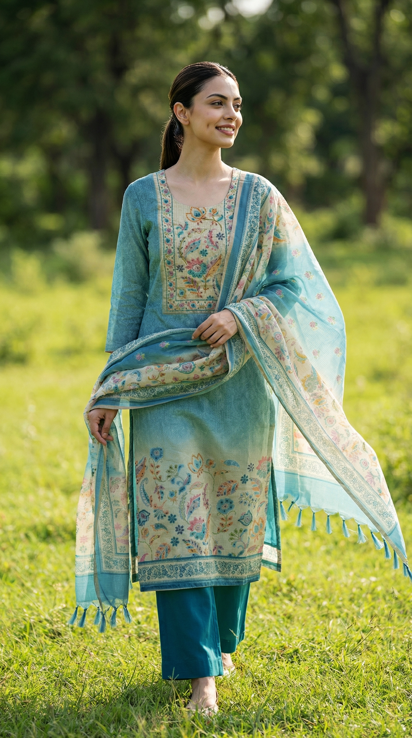Resham Embroidery Rustic Blue Kota Stitched Suit Set