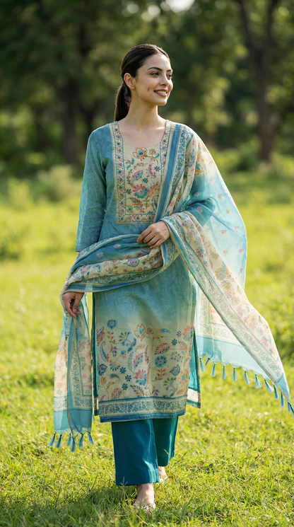 Resham Embroidery Rustic Blue Kota Stitched Suit Set