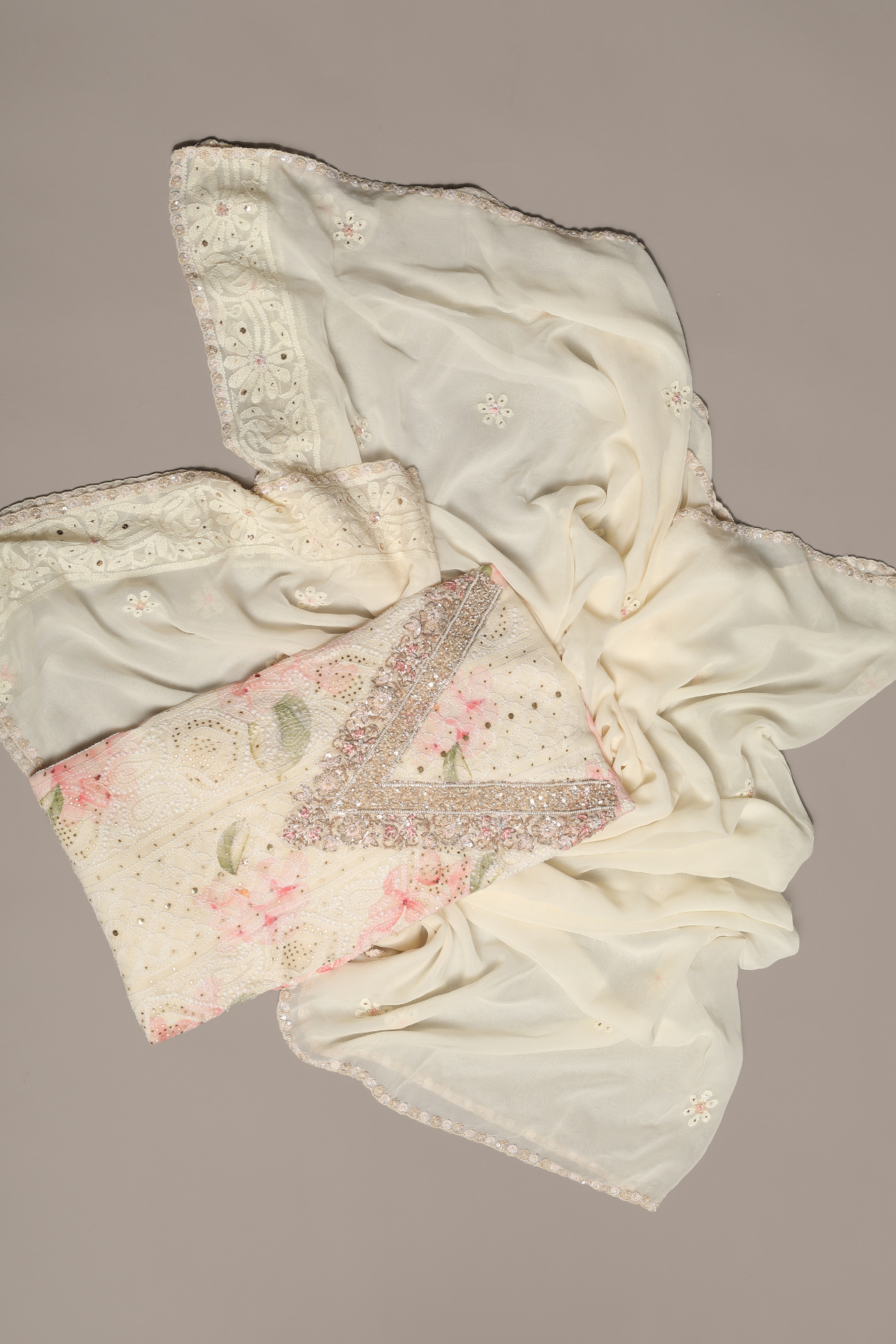Off White Printed Georgette Chikankari Kurta Set Enhanced with Zardozi Neckline