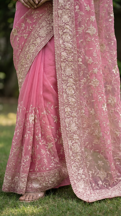 Organza pink Saree