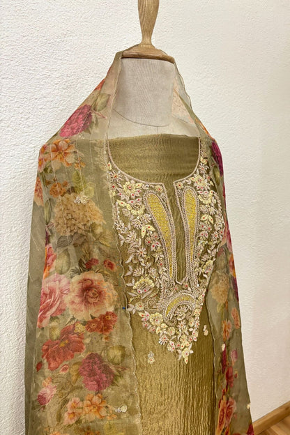 SAGE GREEN CRUSH TISSUE KURTA WITH FLORAL PRINT DUPATTA