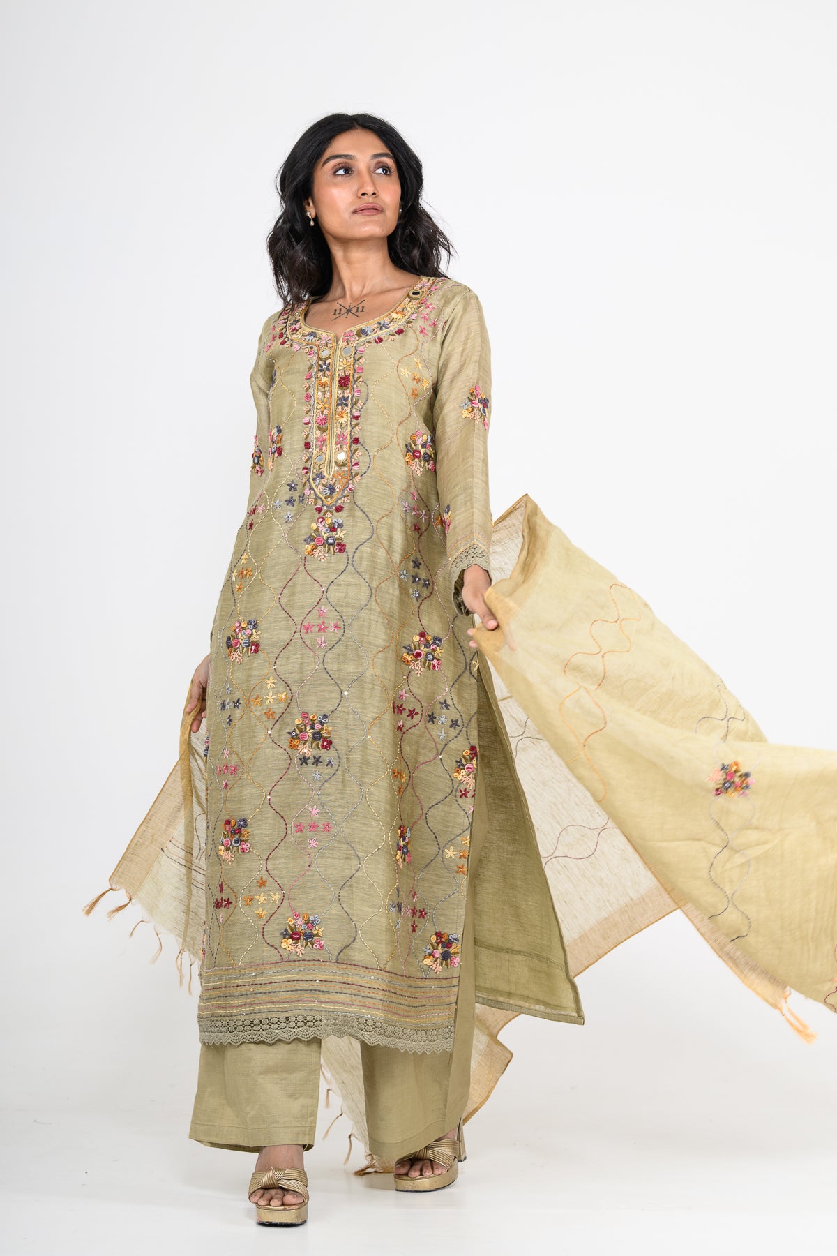 Sage Green Thread Embroidered Pure Linen Kurta Set & Dupatta
