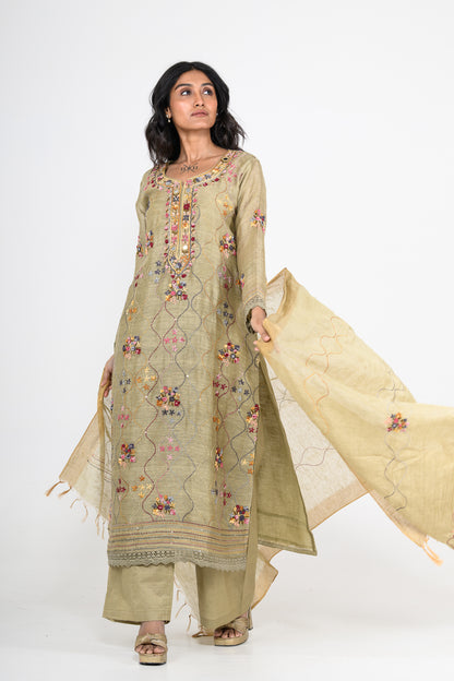 Sage Green Thread Embroidered Pure Linen Kurta Set & Dupatta