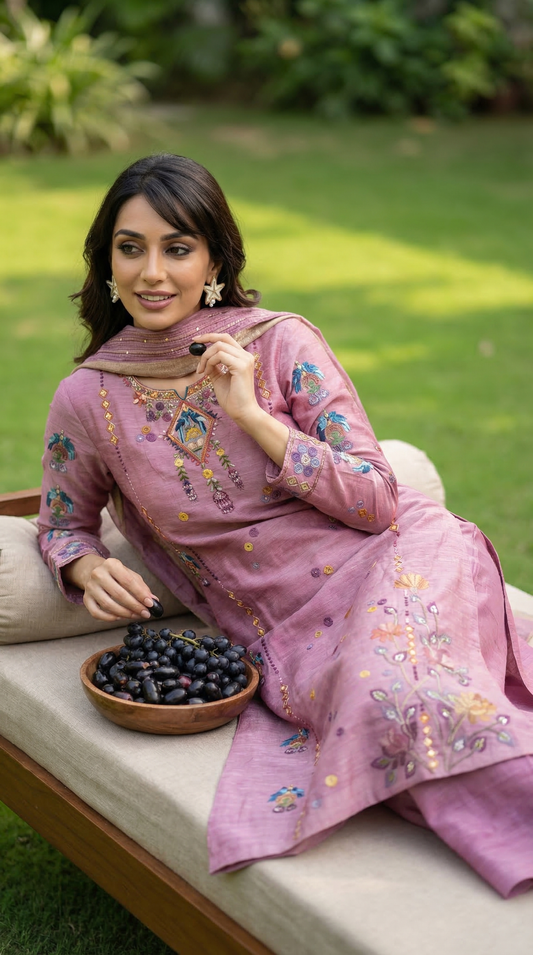 Mauve Resham Embroidery Linen Suit Set