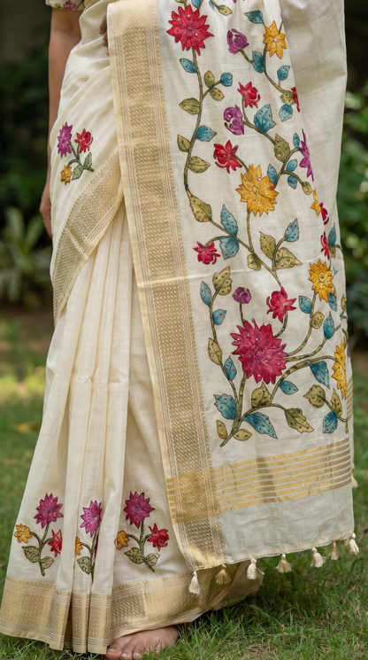 Ivory Tussar Silk Saree