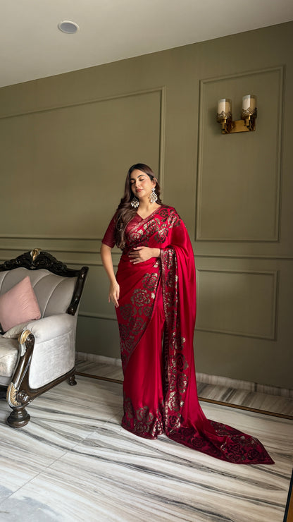 Rich Magenta Red Satin silk Saree With Blouse