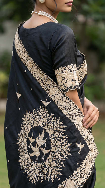 Black Coloured Thread Embroidery Saree