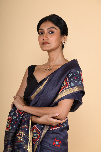 Pure Linen Deep Blue Saree Highlighted with Tikki & Thread Work