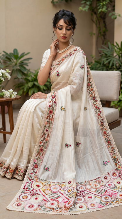 Hand embroidery Ivory Saree