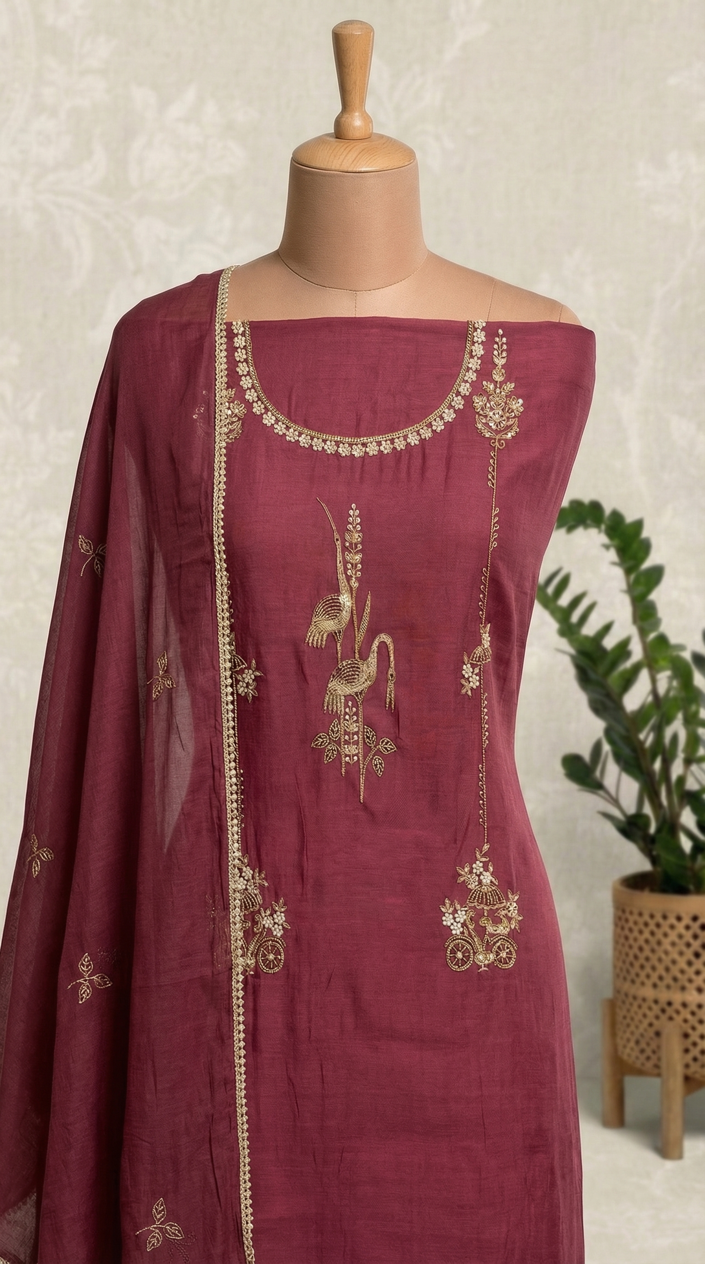 Dusty Rose Resham Embroidery Mul Mul Unstitched Suit Set