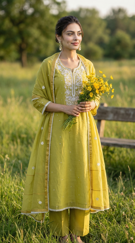 Olive Green Resham Embroidery Mul Mul Suit Set