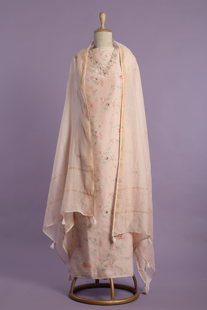 Floral Printed Zari Mul Kurta Set with Hand Embroidered Neck Work