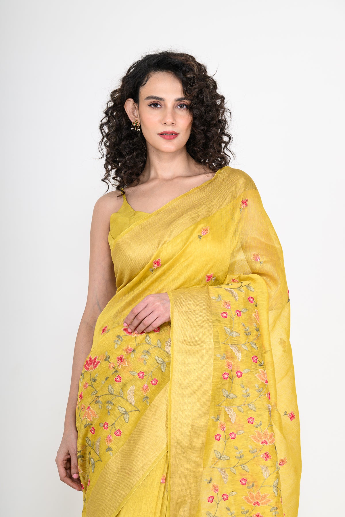 Sunshine Yellow Parsi Embroidered Pure Linen Saree