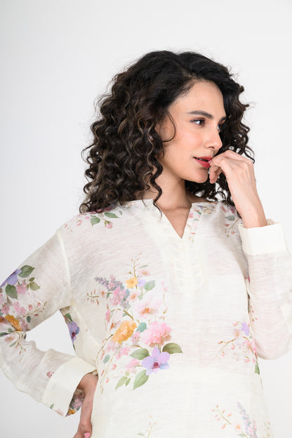 Pure Linen Off White Kurta Set with Dupatta