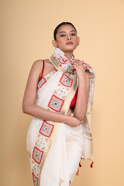 Pure Linen White Saree Highlighted with Tikki & Thread Work