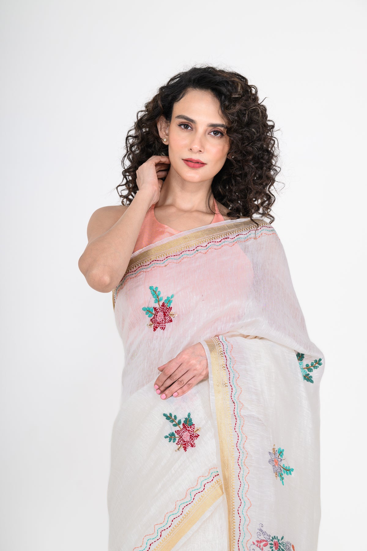 White Embroidered Pure Linen Saree with Tikki & Thread Work