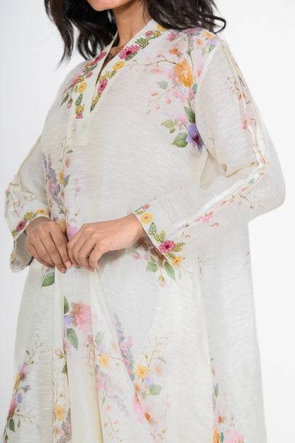 Pure Linen Printed Kurta Set with Resham & Tikki Highlights