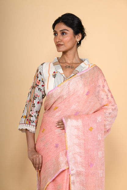 Pure Linen Pink Patchwork Saree with Tikki & Thread Work