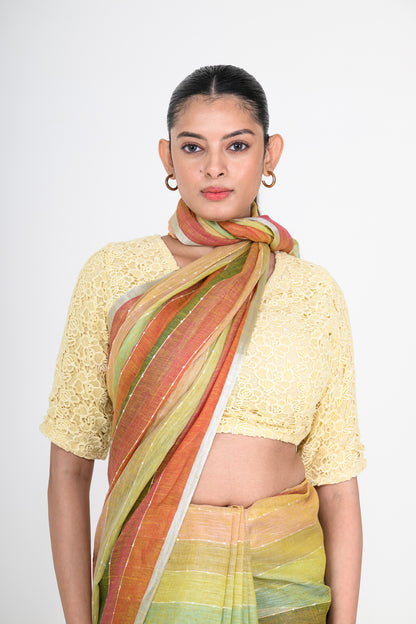 Multicolored Handwoven Striped Pure Linen Saree